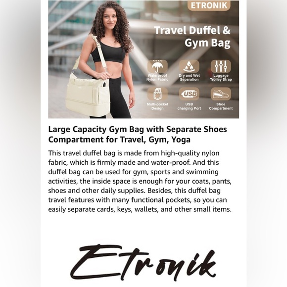 $15 (ππΌππ πΎππΌππΎπ)ETRONIK BIEGE GYM/USB DUFFEL BAG - Picture 7 of 16